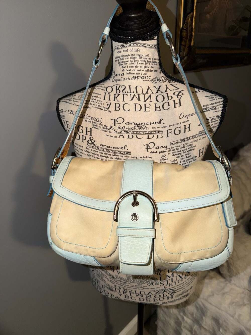 Vintage Coach Soho Buckle Flap Shoulder Bag in Light Blue and Cream Canvas